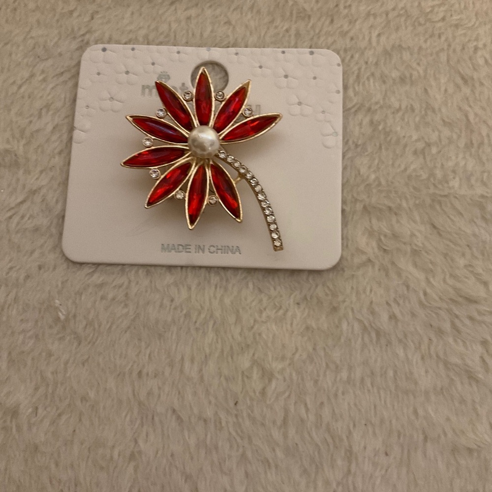 Red Enamel Floral Brooch with Pearl and Crystals